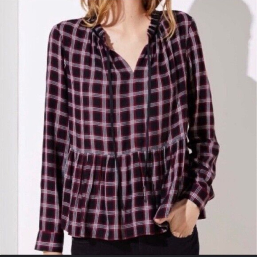 Loft Plaid Ruffle Peplum Blouse